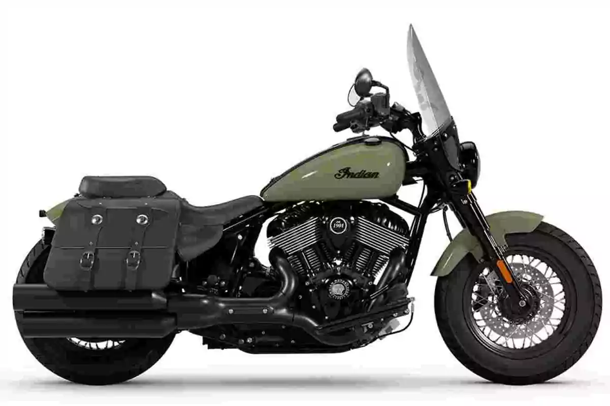 Olive green Indian motorcycle with black saddlebags and windshield on a white background Olive green Indian motorcycle with black saddlebags and windshield on a white background