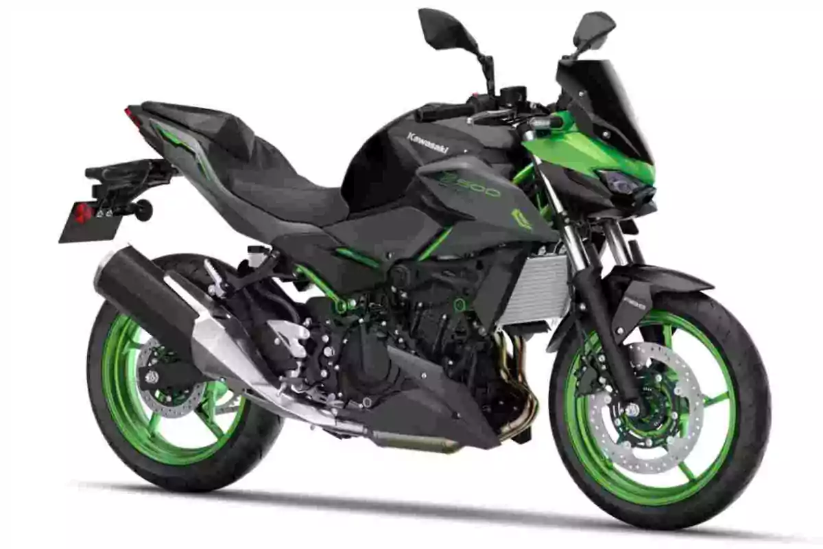 Kawasaki Z400 sport motorcycle in black with green accents on a white background Kawasaki Z400 sport motorcycle in black with green accents on a white background