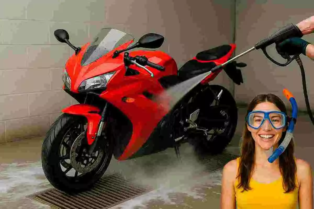 Una motocicleta roja está siendo lavada con una hidrolavadora mientras una mujer sonriente con gafas y snorkel aparece en primer plano