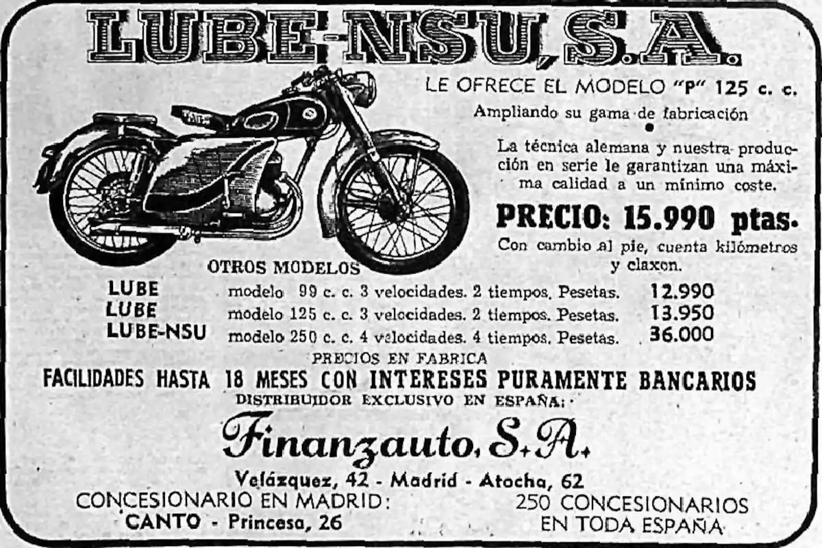 Old black-and-white advertisement for a Lube-NSU P 125 cc motorcycle with pricing information, technical specifications, and dealer details in Spain Old black-and-white advertisement for a Lube-NSU P 125 cc motorcycle with pricing information, technical specifications, and dealer details in Spain