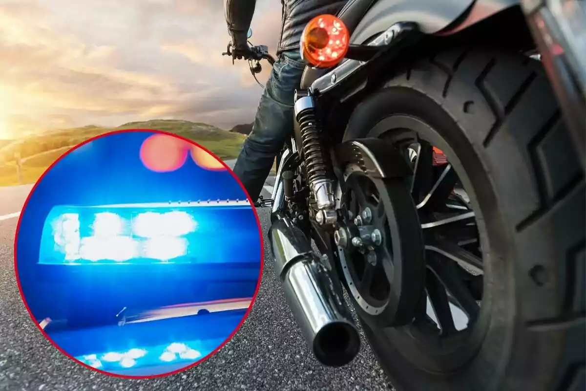 Motociclista en carretera al atardecer con un recuadro que muestra luces azules de una patrulla