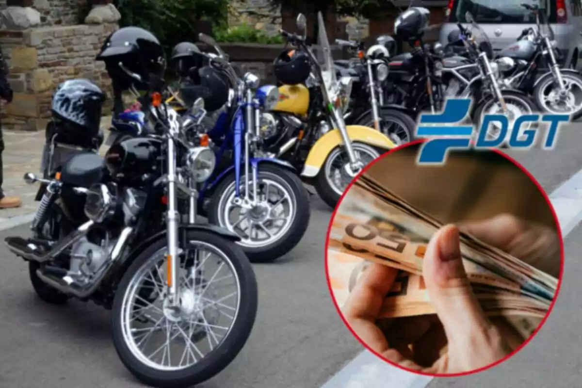 Varias motocicletas estacionadas junto a una acera con un círculo que muestra una mano contando billetes de euro y el logo de la DGT en la esquina superior derecha