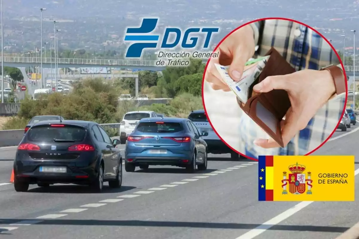 Varios coches circulan por una carretera, aparece el logo de la DGT, una mano sacando dinero de una cartera y la bandera del Gobierno de España.