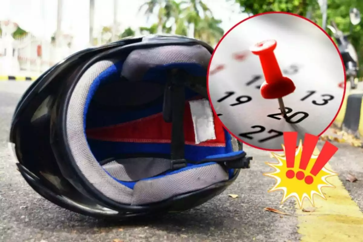 Casco de motociclista en el suelo con un círculo que muestra una chincheta roja marcando una fecha en un calendario y un símbolo de advertencia