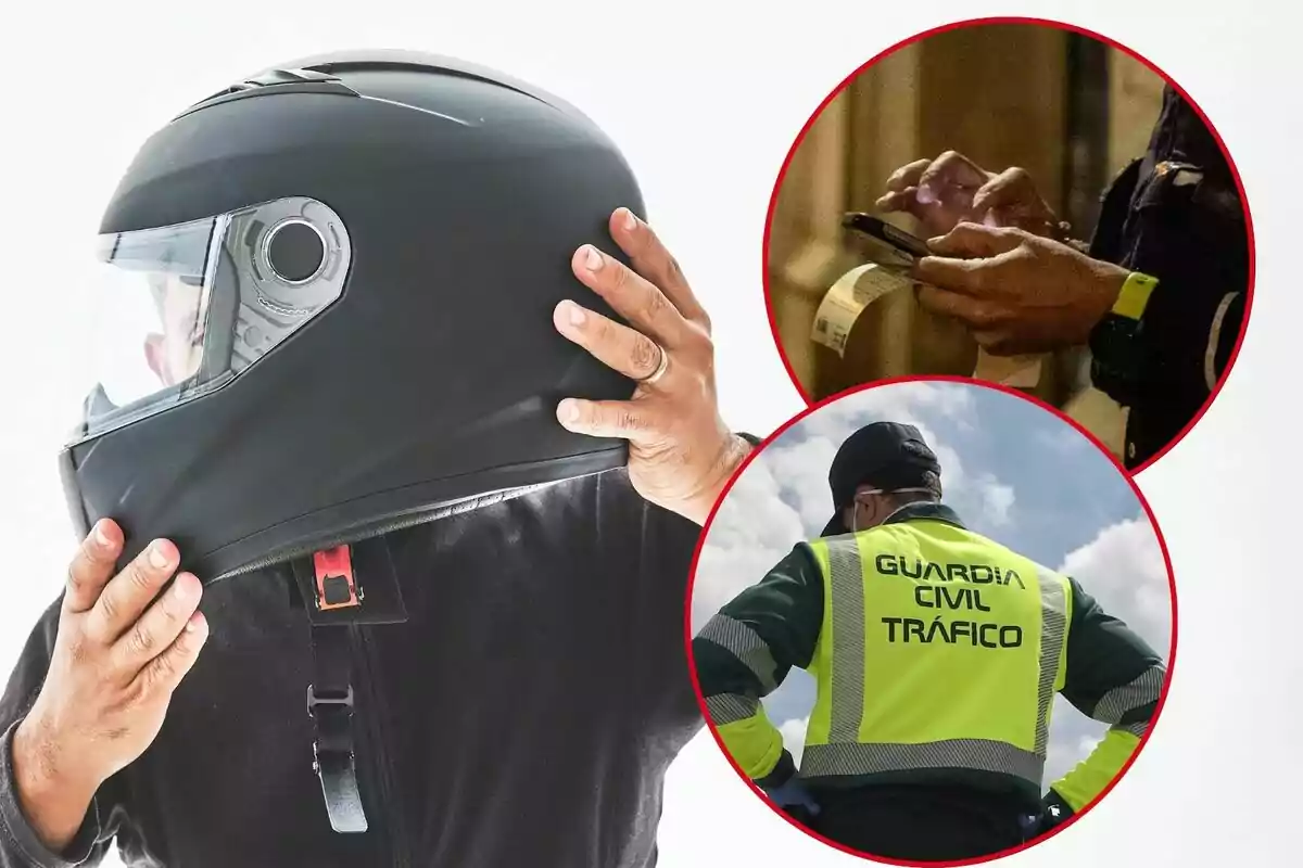 Persona colocándose un casco de motocicleta junto a dos imágenes circulares que muestran a un agente de tráfico escribiendo una multa y a un miembro de la Guardia Civil de Tráfico de espaldas Persona colocándose un casco de motocicleta junto a dos imágenes circulares que muestran a un agente de tráfico escribiendo una multa y a un miembro de la Guardia Civil de Tráfico de espaldas