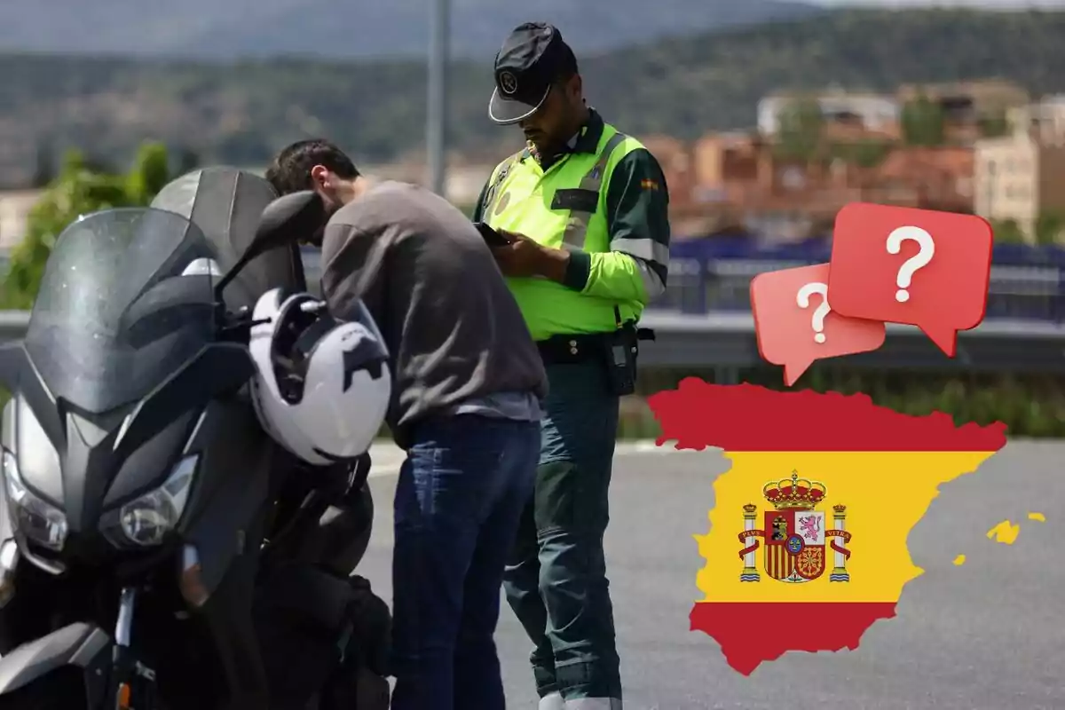 Un guardia civil detiene a un motociclista en una carretera mientras revisa documentos, con un mapa de España y signos de interrogación en la imagen.