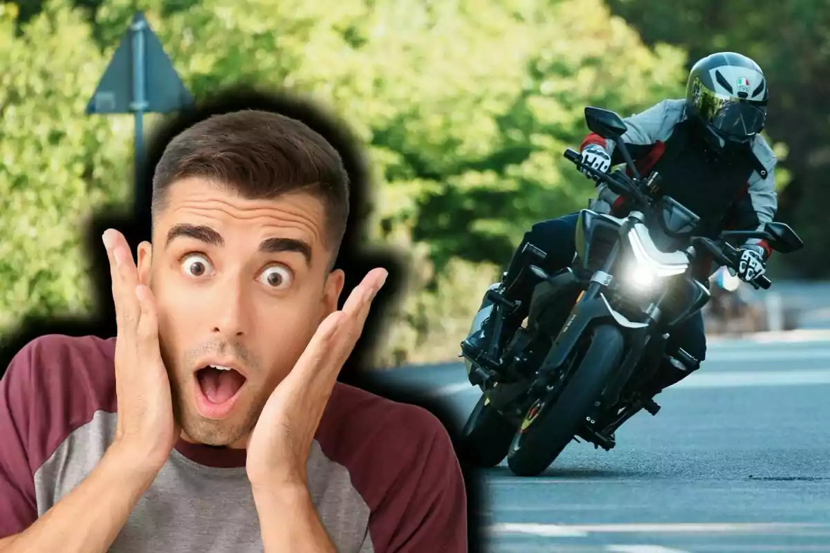 Hombre con expresión de sorpresa y motociclista con casco conduciendo en una carretera rodeada de árboles. Hombre con expresión de sorpresa y motociclista con casco conduciendo en una carretera rodeada de árboles.