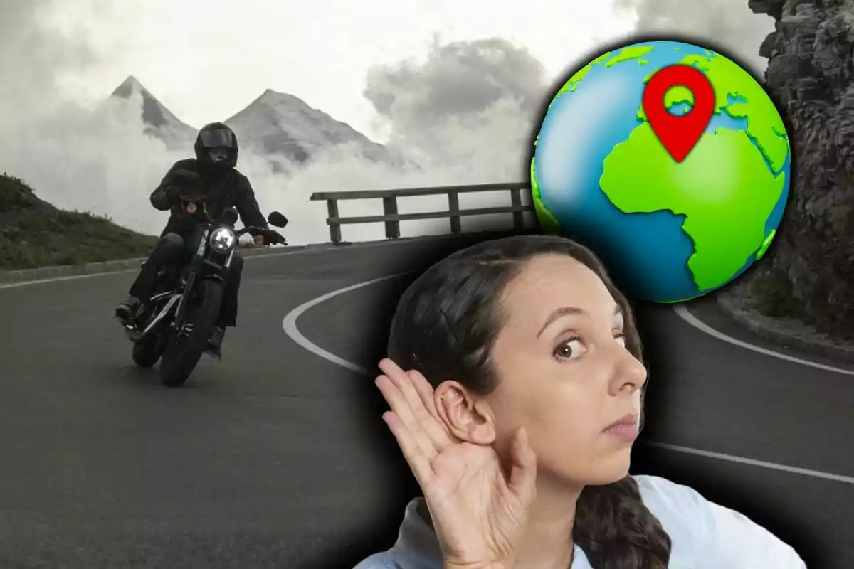 Una persona en motocicleta conduce por una carretera de montaña mientras una mujer escucha atentamente y un globo terráqueo con un marcador de ubicación aparece en la esquina. Una persona en motocicleta conduce por una carretera de montaña mientras una mujer escucha atentamente y un globo terráqueo con un marcador de ubicación aparece en la esquina.