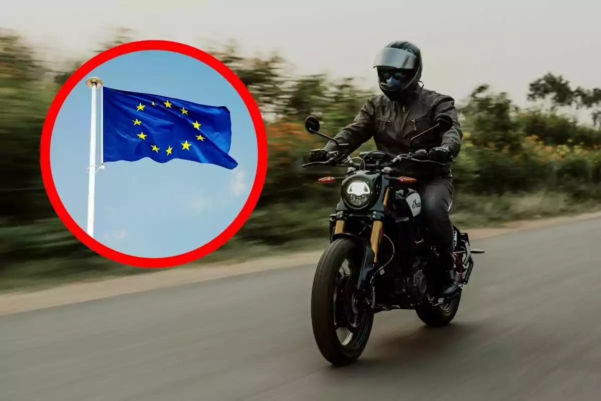 Persona conduciendo una motocicleta en carretera con un círculo que muestra la bandera de la Unión Europea.