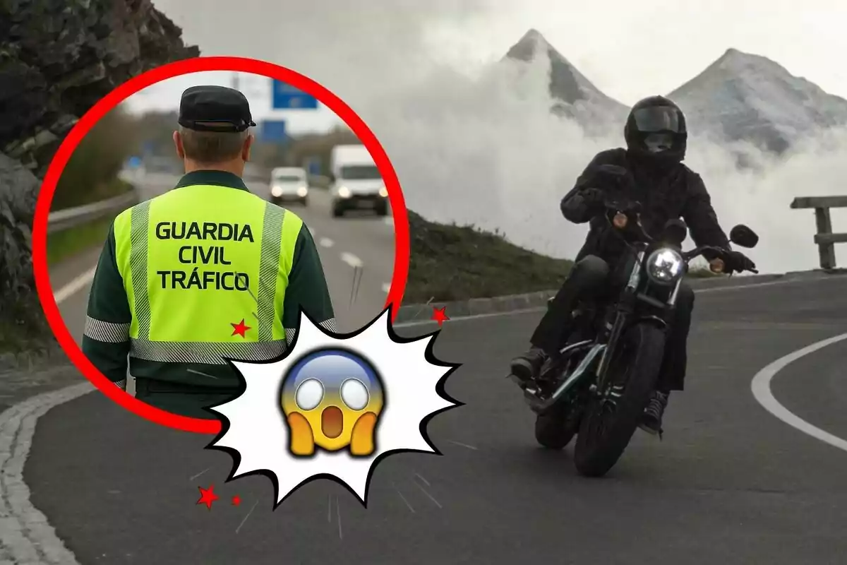 Un guardia civil de tráfico de espaldas en una carretera y un motociclista en una curva de montaña con un emoji de sorpresa en el centro. Un guardia civil de tráfico de espaldas en una carretera y un motociclista en una curva de montaña con un emoji de sorpresa en el centro.