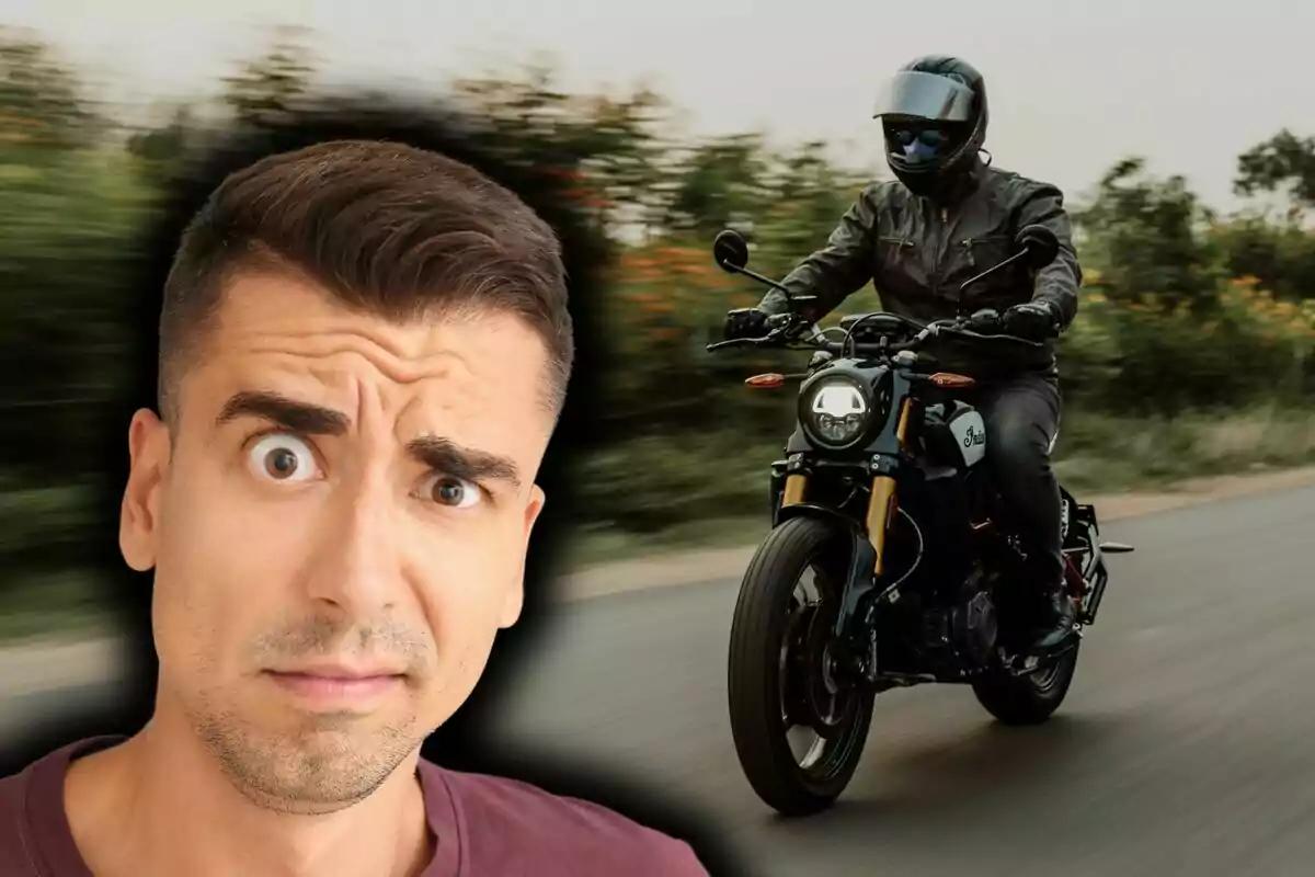 Hombre con expresión de sorpresa o preocupación en primer plano y una persona conduciendo una motocicleta en movimiento al fondo. Hombre con expresión de sorpresa o preocupación en primer plano y una persona conduciendo una motocicleta en movimiento al fondo.