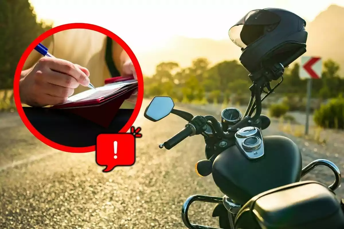 Motocicleta estacionada en una carretera con un casco en el manillar y un recuadro que muestra una mano firmando un documento junto a un ícono de advertencia.