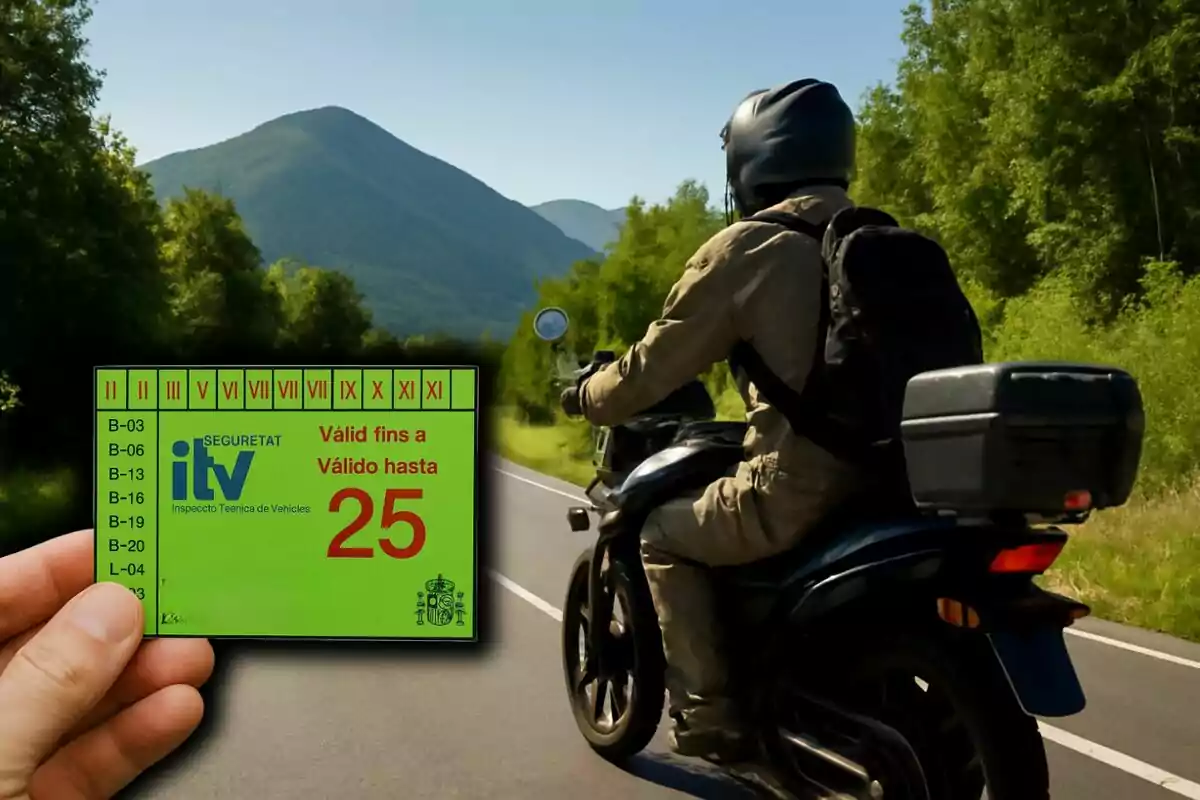 Persona conduciendo una motocicleta por una carretera rodeada de árboles mientras una mano sostiene una tarjeta verde de inspección técnica de vehículos válida hasta 2025. Persona conduciendo una motocicleta por una carretera rodeada de árboles mientras una mano sostiene una tarjeta verde de inspección técnica de vehículos válida hasta 2025.