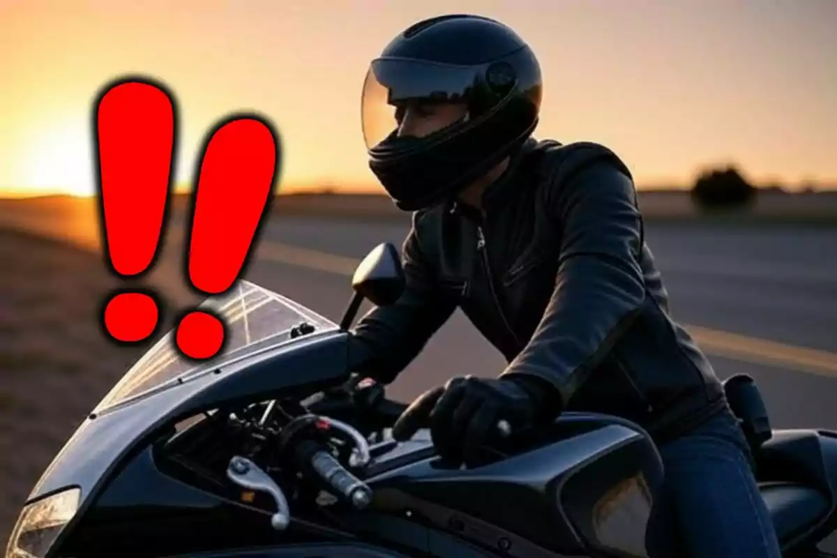 Persona con casco y chaqueta de cuero negro conduciendo una motocicleta en carretera al atardecer con dos signos de exclamación rojos grandes superpuestos en la imagen. Persona con casco y chaqueta de cuero negro conduciendo una motocicleta en carretera al atardecer con dos signos de exclamación rojos grandes superpuestos en la imagen.