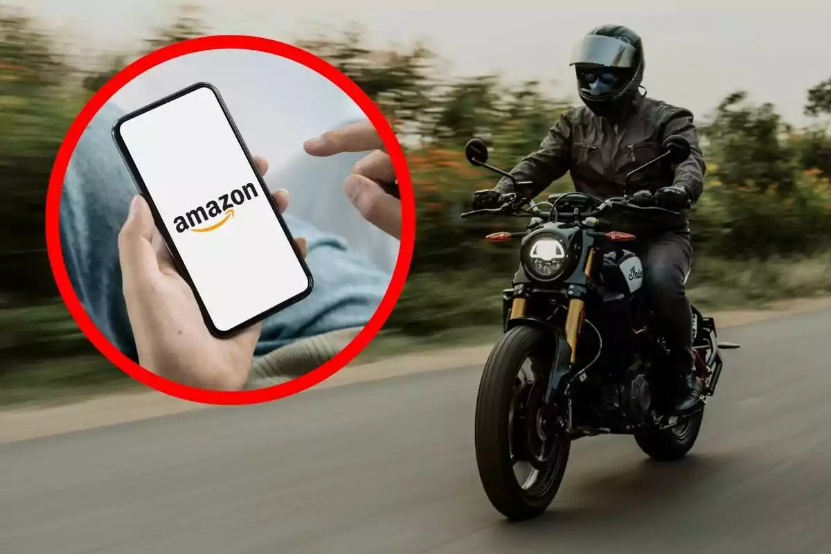 Persona conduint una motocicleta mentre en un cercle es mostra una mà sostenint un telèfon mòbil amb el logotip d’Amazon a la pantalla. Persona conduint una motocicleta mentre en un cercle es mostra una mà sostenint un telèfon mòbil amb el logotip d’Amazon a la pantalla.