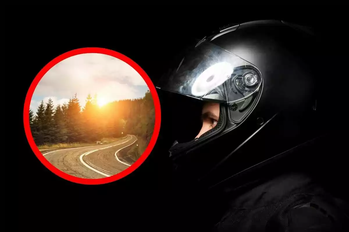 Persona amb casc de motorista mirant cap a un cercle que mostra una carretera envoltada d’arbres i una posta de sol. Persona amb casc de motorista mirant cap a un cercle que mostra una carretera envoltada d’arbres i una posta de sol.