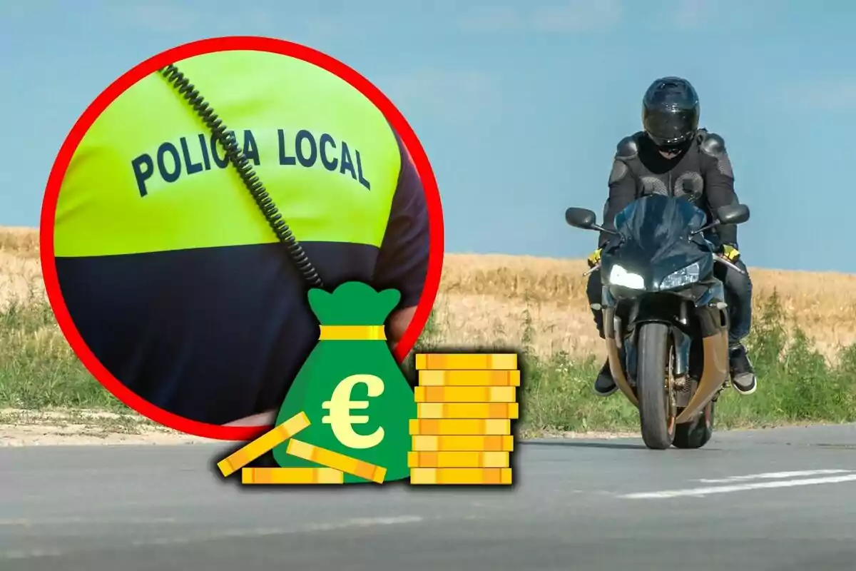 Un motociclista circula por una carretera mientras se muestra un recuadro con el uniforme de la policía local y gráficos de dinero representando una multa.