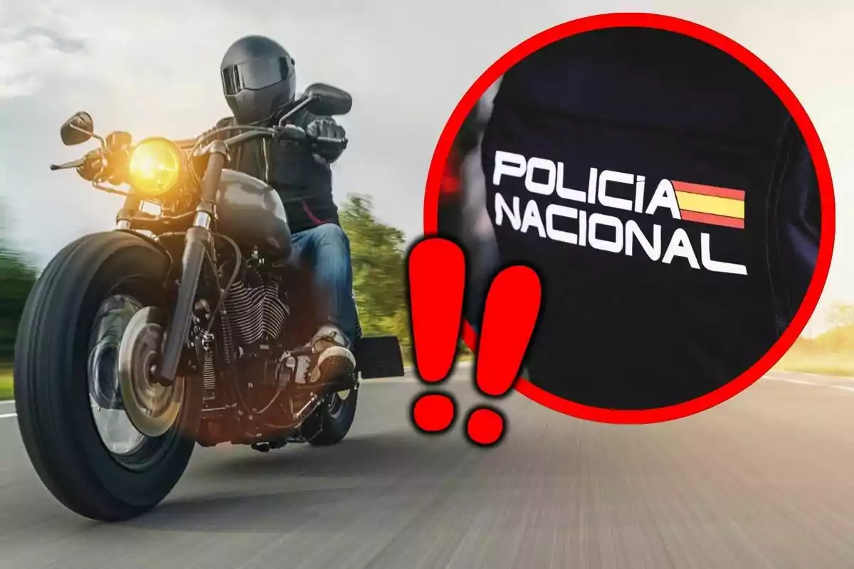 Persona conduciendo una motocicleta en carretera con un recuadro que muestra el uniforme de la policía nacional y dos signos de exclamación rojos.