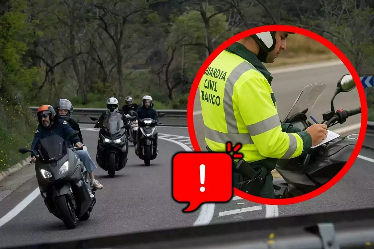 Grupo de motociclistas circulando por una carretera con un recuadro que muestra a un agente de tráfico de la Guardia Civil escribiendo una multa y un icono de advertencia. Grupo de motociclistas circulando por una carretera con un recuadro que muestra a un agente de tráfico de la Guardia Civil escribiendo una multa y un icono de advertencia.