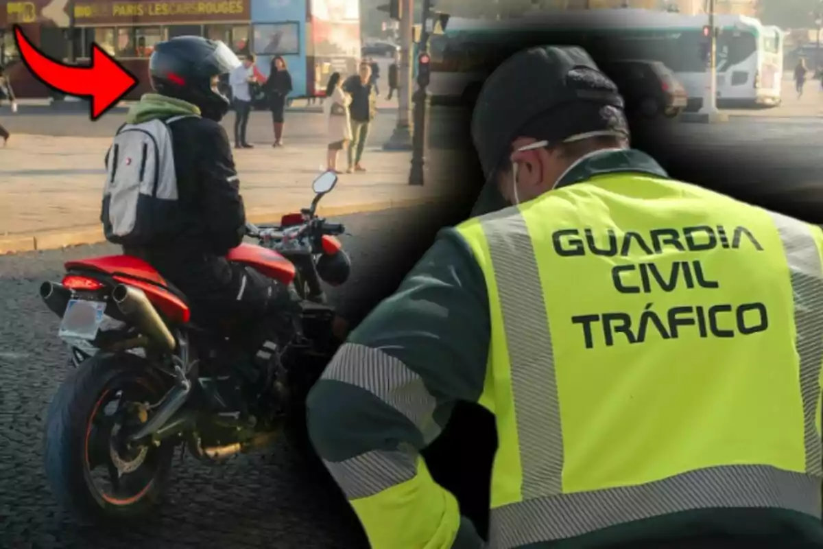 Un agente de tráfico observa a un motociclista detenido en la vía pública durante el día. Un agente de tráfico observa a un motociclista detenido en la vía pública durante el día.