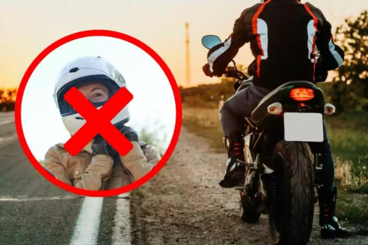 Persona en motocicleta sobre una carretera al atardecer y un círculo rojo con una equis sobre la imagen de una persona usando casco.