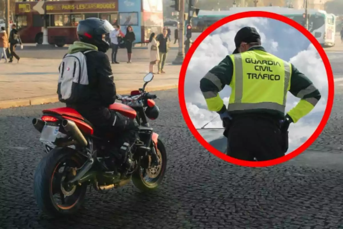 Persona con casco y mochila conduciendo una motocicleta roja en una calle, con un recuadro que muestra a un agente de tráfico de la Guardia Civil de espaldas.