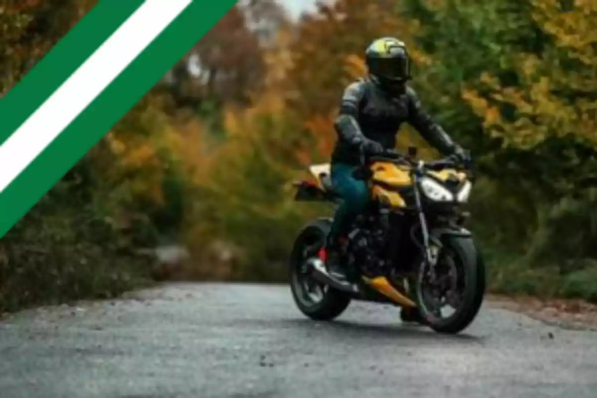 Persona con casco y chaqueta negra conduciendo una motocicleta amarilla en una carretera rodeada de árboles con hojas otoñales y una franja diagonal verde y blanca de Andalucía en la esquina superior izquierda.