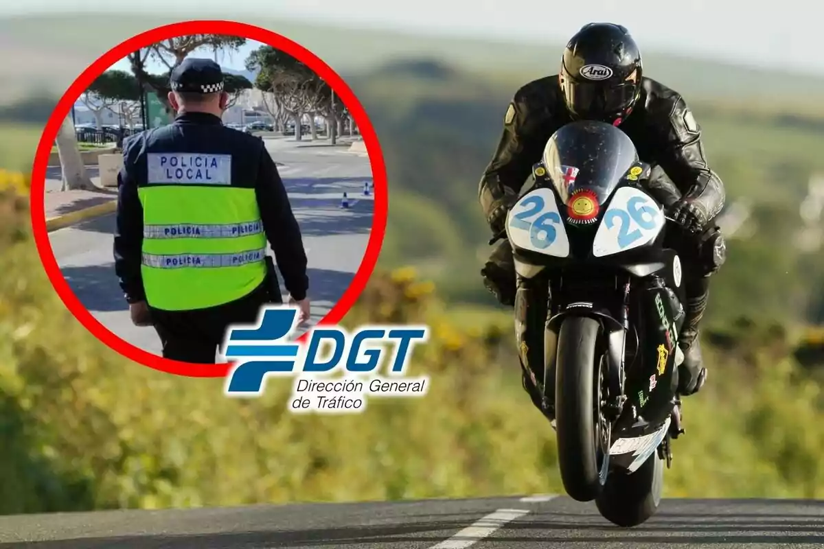 Un policia local d’esquena amb armilla reflectant i un motorista a la carretera al costat del logotip de la Direcció General de Trànsit. Un policia local d’esquena amb armilla reflectant i un motorista a la carretera al costat del logotip de la Direcció General de Trànsit.