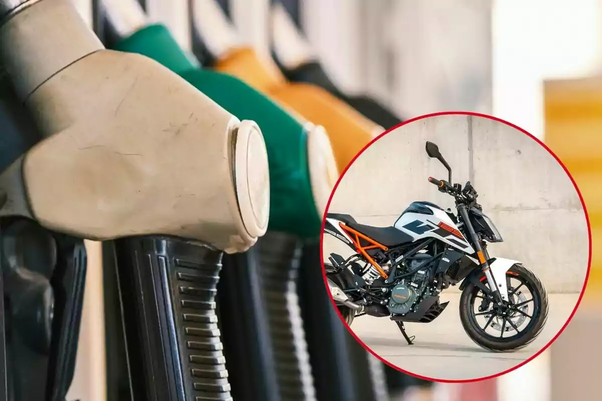 Surtidores de gasolina en primer plano y una motocicleta en un círculo resaltado