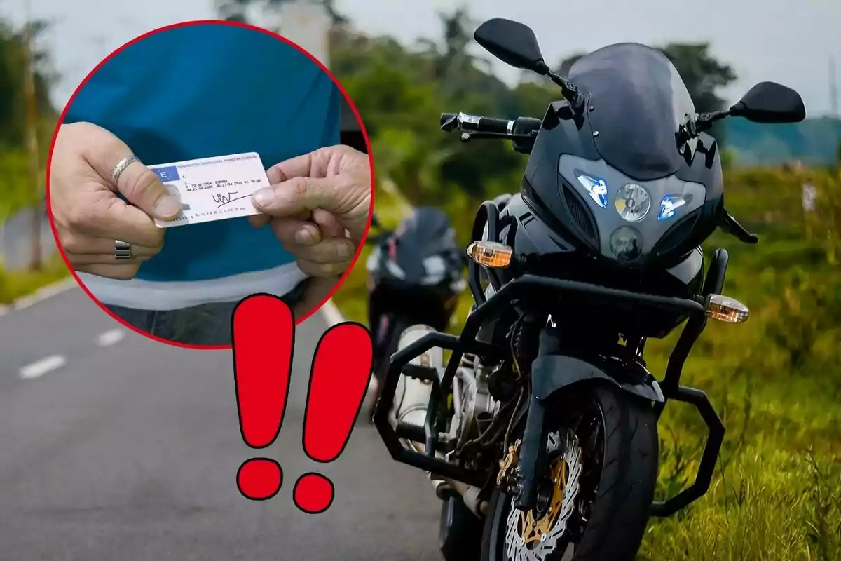 Motocicleta estacionada en una carretera con un círculo que muestra a una persona entregando una licencia y dos signos de exclamación rojos en primer plano