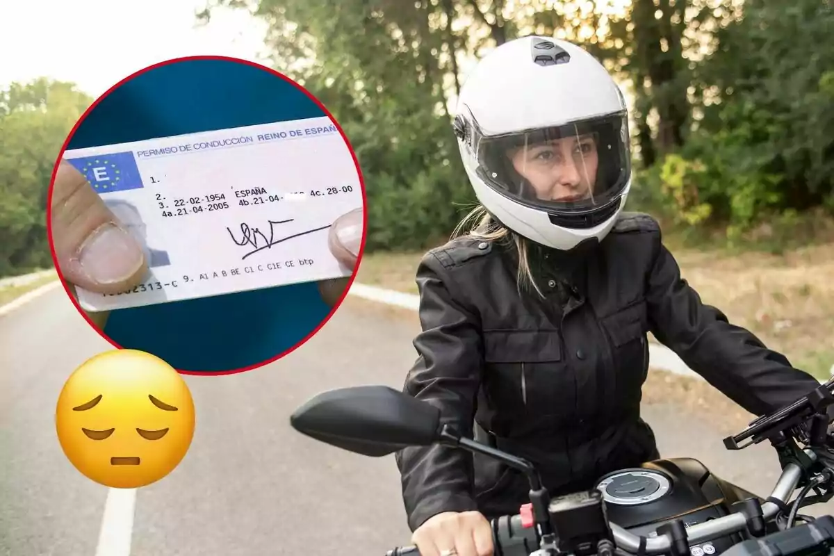 Mujer con casco conduciendo una moto mientras se muestra un permiso de conducir español y un emoji de tristeza