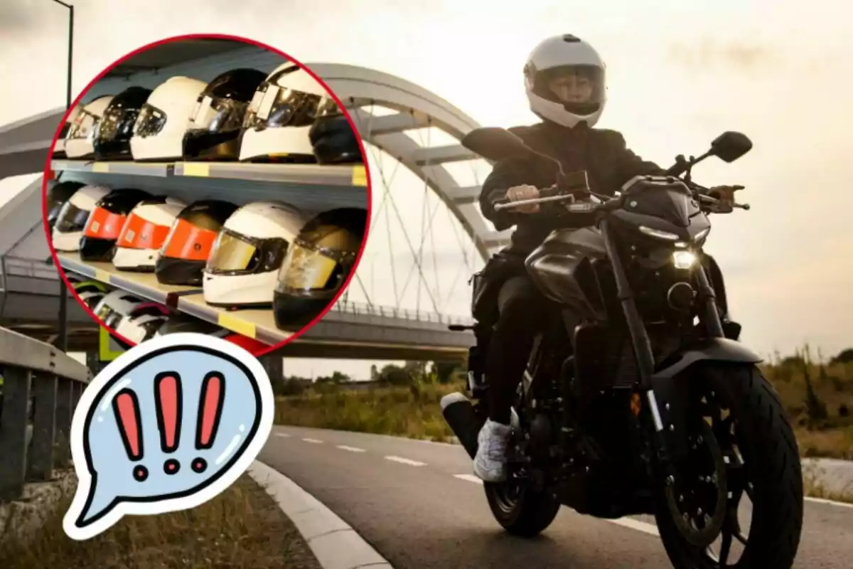 Persona conduciendo una motocicleta con casco en una carretera junto a un puente y un recuadro que muestra varios cascos alineados en una tienda acompañado de un ícono de exclamación.
