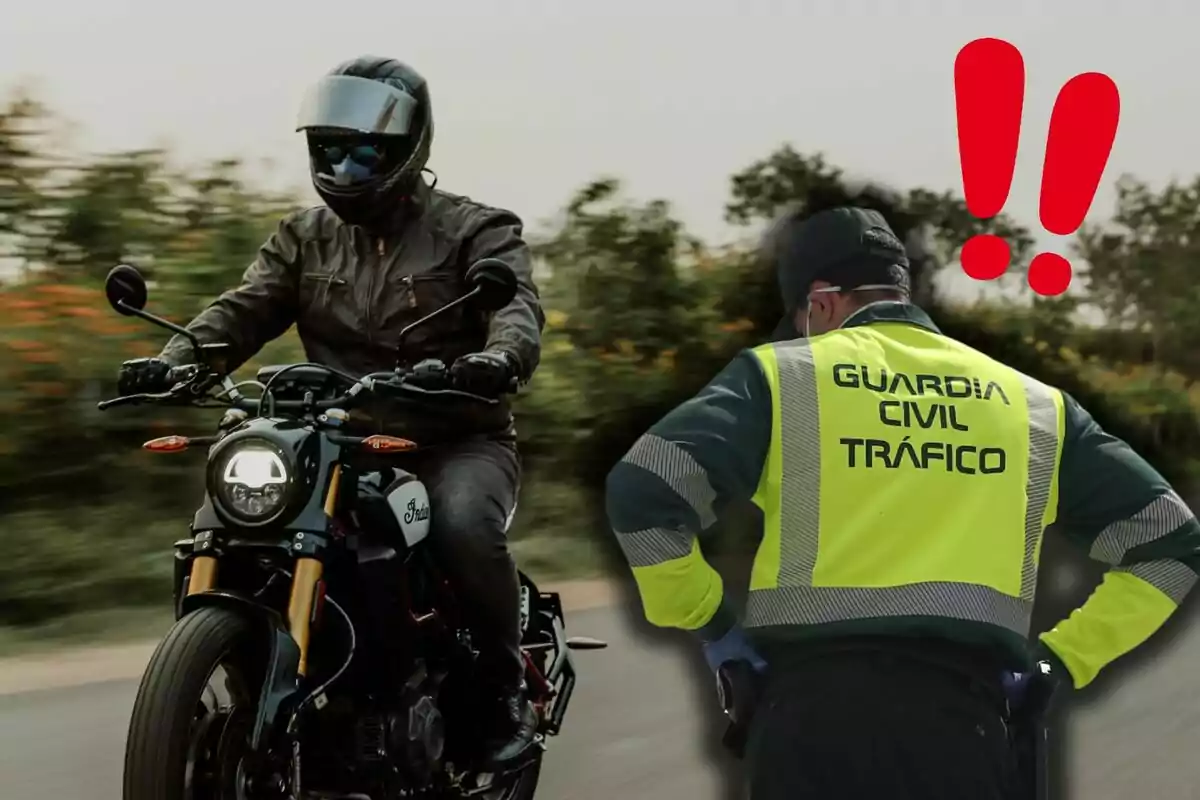 Un motociclista circula por una carretera mientras un agente de la Guardia Civil de Tráfico observa con dos signos de exclamación rojos sobre él Un motociclista circula por una carretera mientras un agente de la Guardia Civil de Tráfico observa con dos signos de exclamación rojos sobre él
