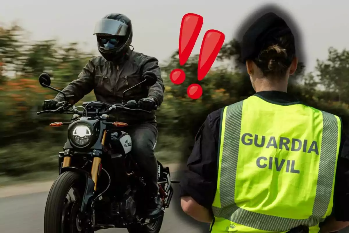 Un motociclista circula por una carretera mientras una agente de la Guardia Civil observa de espaldas y aparecen dos signos de exclamación rojos en el centro de la imagen Un motociclista circula por una carretera mientras una agente de la Guardia Civil observa de espaldas y aparecen dos signos de exclamación rojos en el centro de la imagen