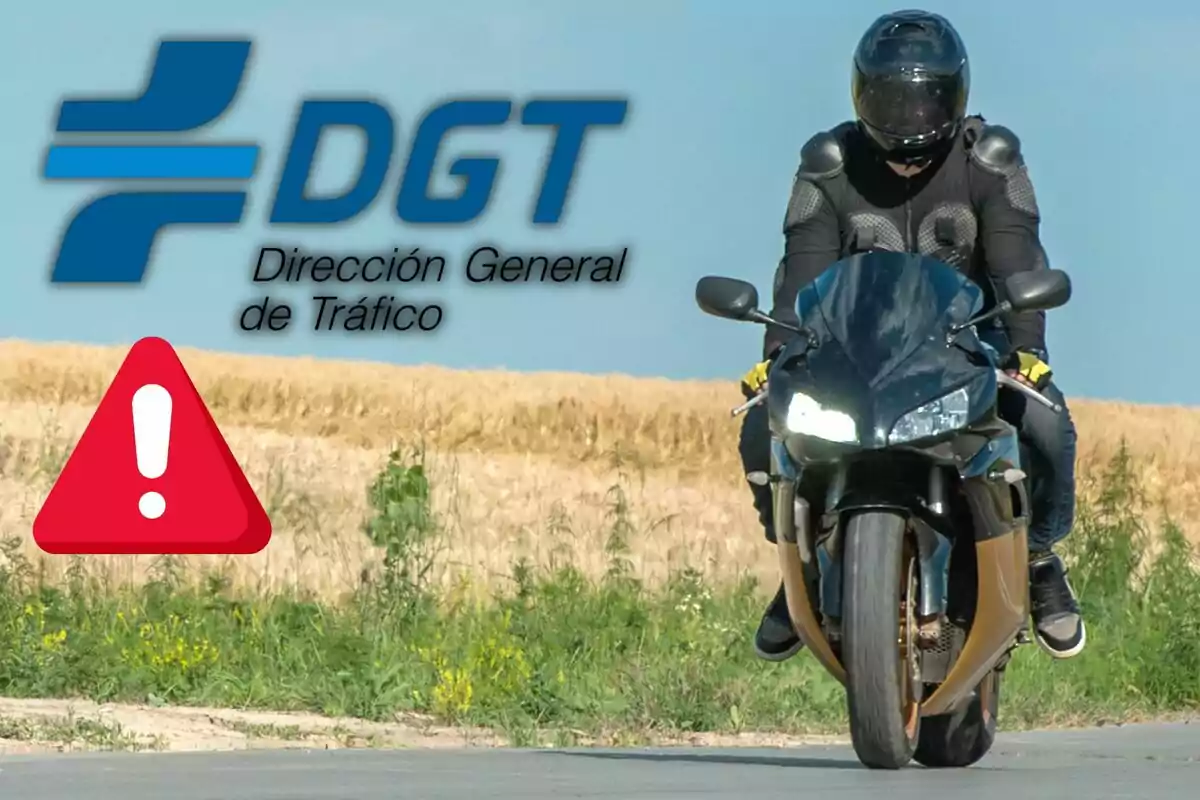 Motociclista con equipo de protección circulando por una carretera rural junto al logotipo de la DGT y un icono de advertencia roja