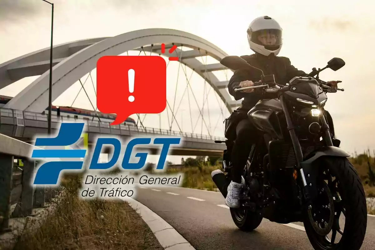 Persona conduciendo una motocicleta con casco en una carretera junto a un puente moderno, con el logotipo de la DGT y un icono de advertencia en la imagen.
