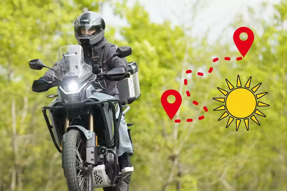 Persona conduciendo una motocicleta con fondo de árboles y gráficos de ruta, puntos de ubicación y un sol amarillo a la derecha