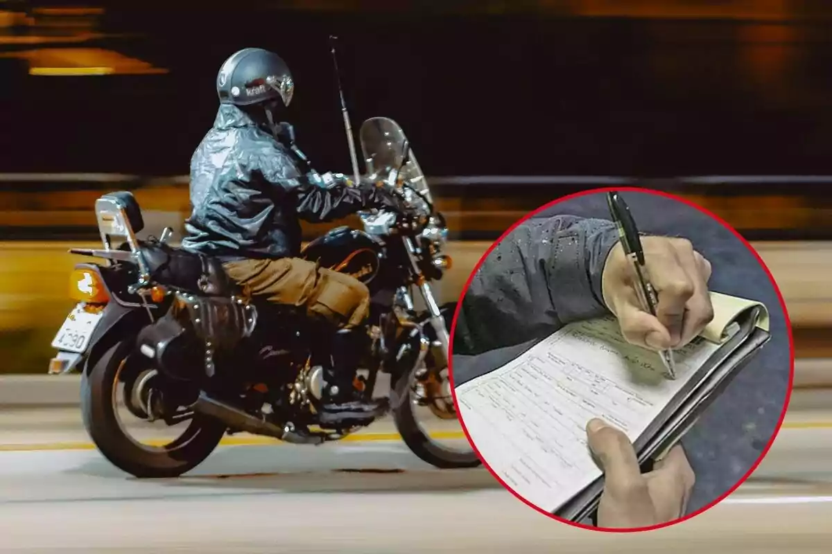 Persona conduciendo una motocicleta en la calle y una mano escribiendo en una libreta dentro de un círculo rojo