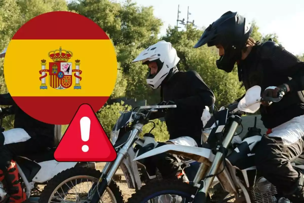 Tres personas con equipo de protección montan motocicletas mientras un gráfico de la bandera de España y un símbolo de advertencia aparecen en primer plano