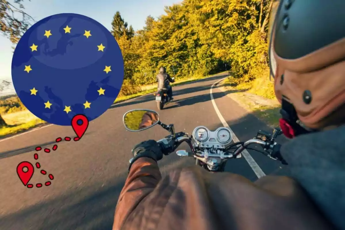 Dos personas en motocicleta recorren una carretera rodeada de árboles mientras un gráfico de la Unión Europea y un mapa de ruta aparecen en la imagen.