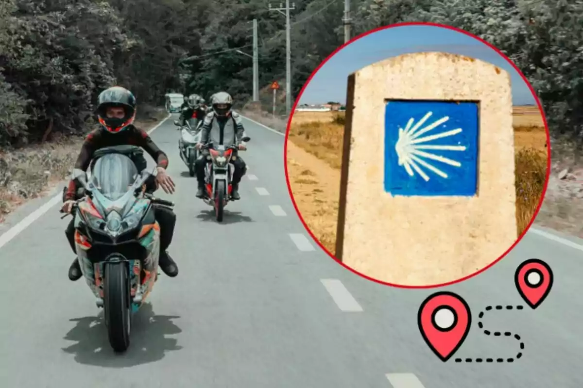 Tres motociclistas circulan por una carretera rodeada de árboles y en la imagen aparece un recuadro con una señal del Camino de Santiago junto a un icono de ruta con dos ubicaciones. Tres motociclistas circulan por una carretera rodeada de árboles y en la imagen aparece un recuadro con una señal del Camino de Santiago junto a un icono de ruta con dos ubicaciones.