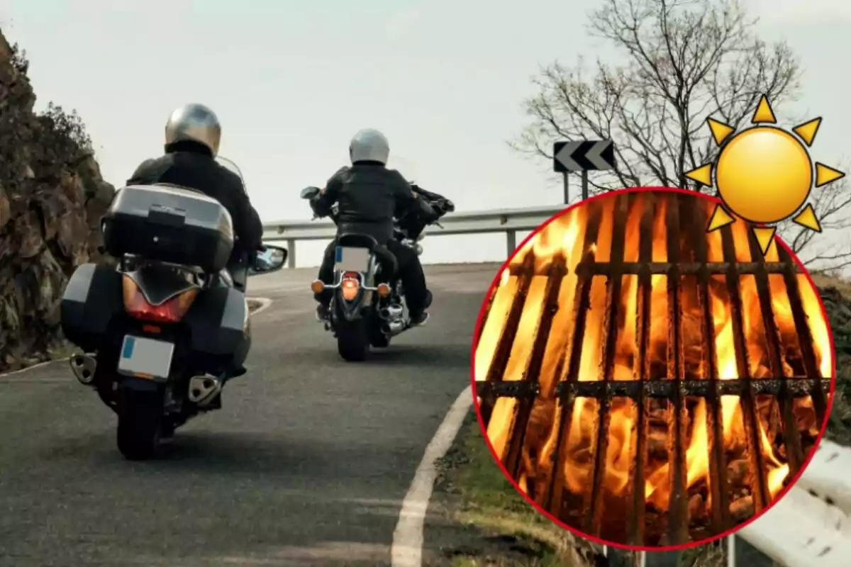 Dos motociclistas circulan por una carretera de montaña y en la esquina inferior derecha hay un círculo con una parrilla encendida y un sol dibujado.