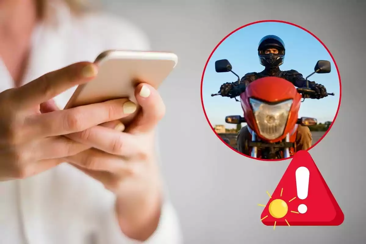 Persona usando un teléfono móvil con un recuadro que muestra a un motociclista y un símbolo de advertencia