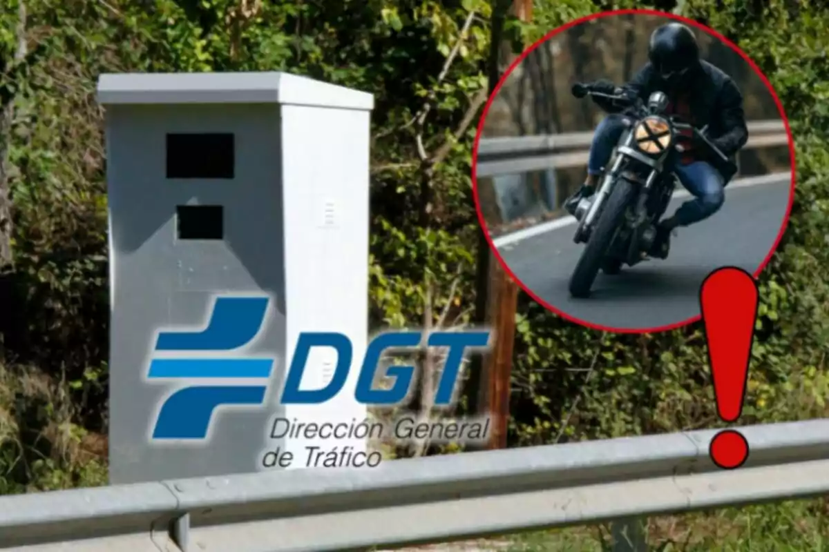 Radar de velocidad de la DGT junto a la imagen de un motociclista en una carretera y un signo de exclamación rojo
