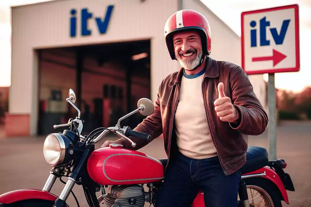 Hombre sonriente con casco y chaqueta de cuero sentado en una moto roja frente a una estación de ITV haciendo un gesto de aprobación con el pulgar arriba