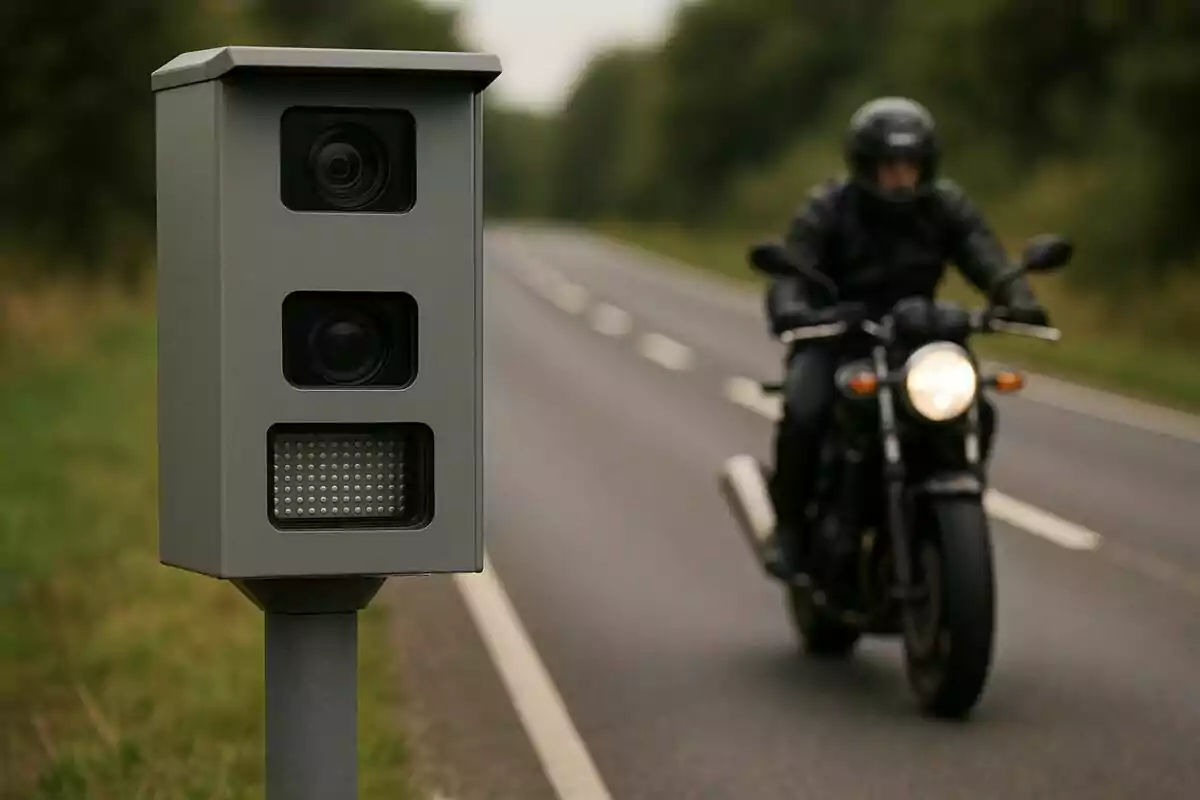 Radar de velocidad en una carretera con un motociclista pasando al fondo. Radar de velocidad en una carretera con un motociclista pasando al fondo.