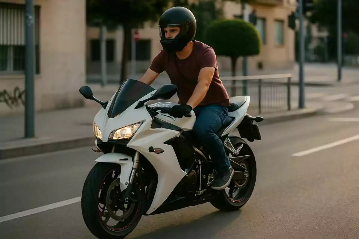 Home conduint una motocicleta esportiva blanca per un carrer urbà mentre porta casc i guants negres. Home conduint una motocicleta esportiva blanca per un carrer urbà mentre porta casc i guants negres.