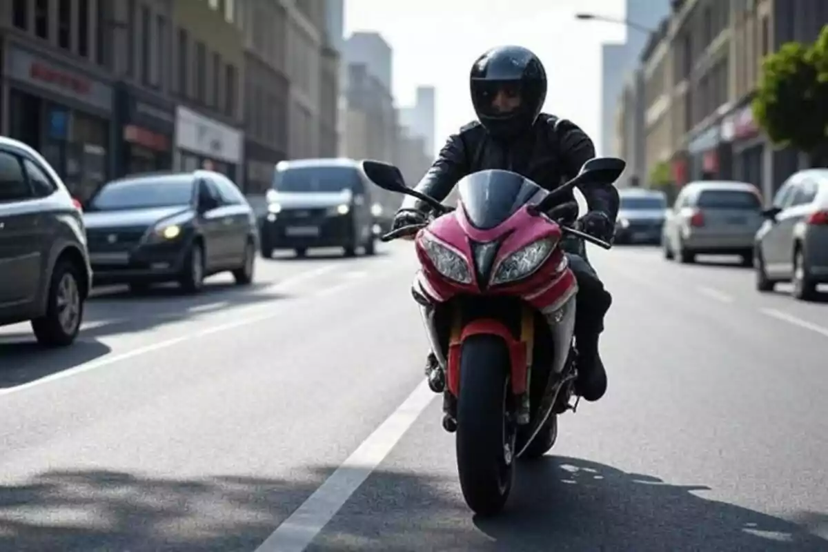 Persona conduciendo una motocicleta roja por una avenida urbana rodeada de autos y edificios. Persona conduciendo una motocicleta roja por una avenida urbana rodeada de autos y edificios.