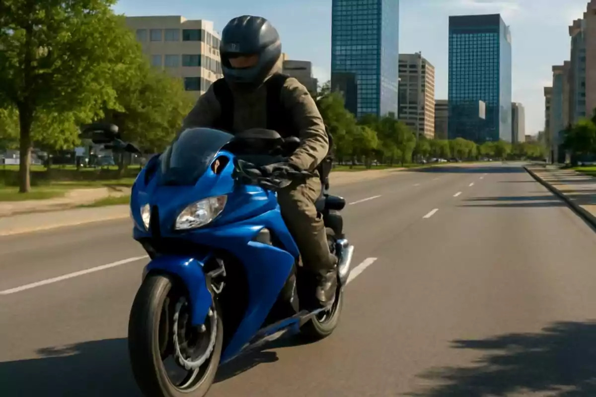 Persona conduciendo una motocicleta azul por una avenida amplia en una ciudad con edificios altos y árboles a los lados. Persona conduciendo una motocicleta azul por una avenida amplia en una ciudad con edificios altos y árboles a los lados.