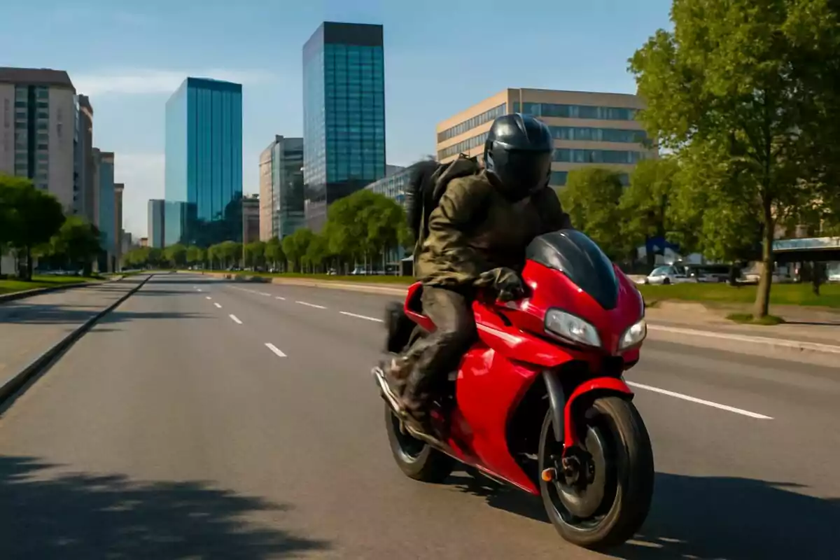 Persona conduciendo una motocicleta roja por una avenida amplia en una ciudad moderna con edificios altos y árboles a los lados. Persona conduciendo una motocicleta roja por una avenida amplia en una ciudad moderna con edificios altos y árboles a los lados.